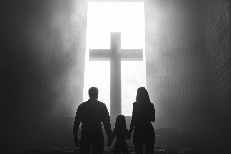 Familia tomándose de la mano frente a una cruz al atardecer que representa la fe y la unidad