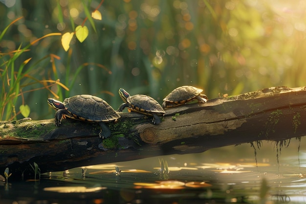 Una familia de tortugas tomando el sol en un tronco