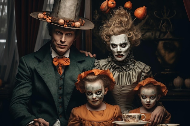Una familia con trajes de Halloween posando para una fotografía al estilo de happycore
