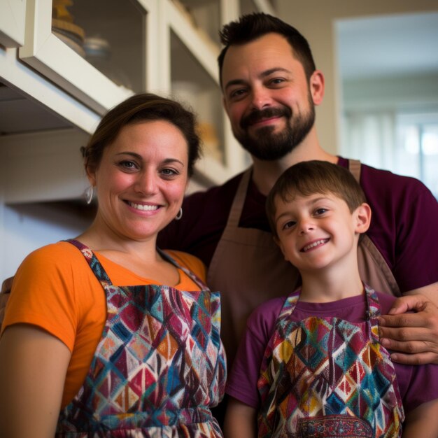 Foto familia de tres en la cocina con delantales y sonriendo