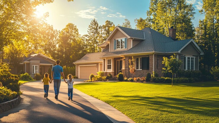 Una familia de tres personas camina por el camino hacia su casa suburbana al atardecer