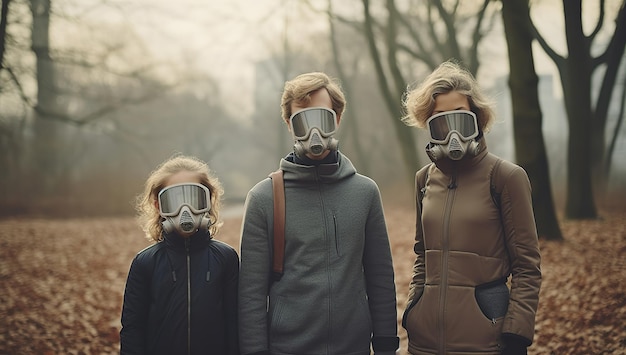 Una familia de tres personas con máscaras de protección de pie en un bosque en medio de la niebla El concepto de protección contra la contaminación