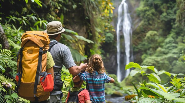 Familia de tres personas de pie con las espaldas hacia la cámara mirando una cascada en la distancia están rodeados de vegetación verde