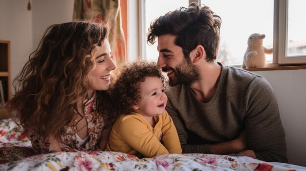 Familia de tres personas relajándose en una cama y sonriendo