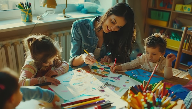 Foto una familia de tres está sentada en una mesa con un montón de lápices de colores