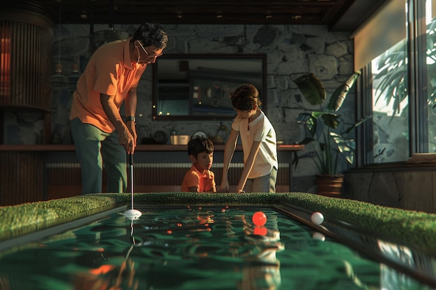 Foto la familia se une con un juego de minigolf