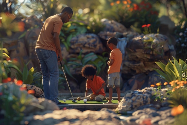 Foto la familia se une con un juego de minigolf