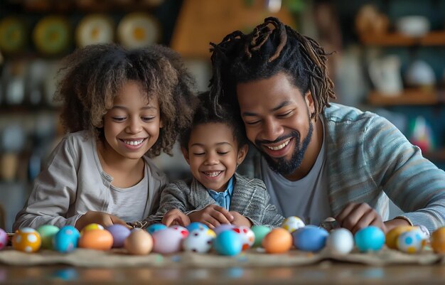 Foto la familia se une pintando huevos de pascua juntos