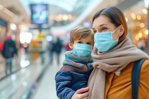 Familia usando mascarillas en público durante el brote de virus