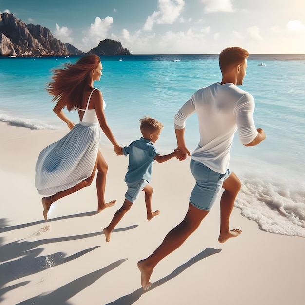 Foto familia de vacaciones de pie en una playa de arena blanca cerca del mar