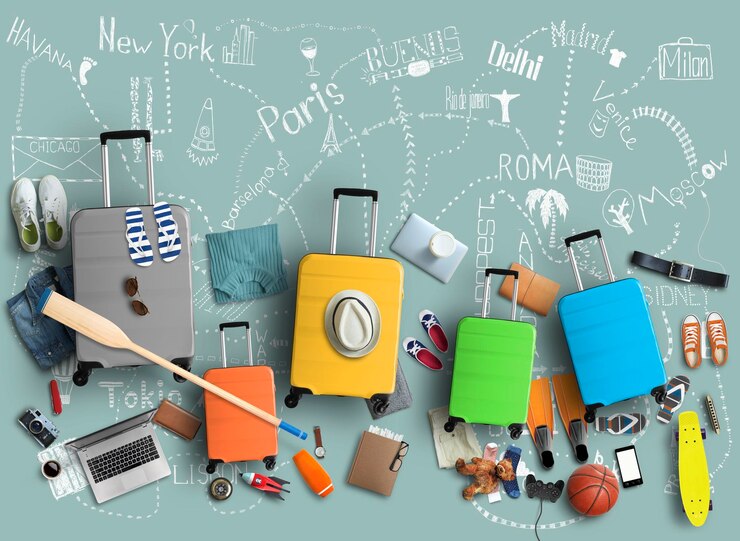 Família vai viajar, cinco malas coloridas com roupas e acessórios para recreação