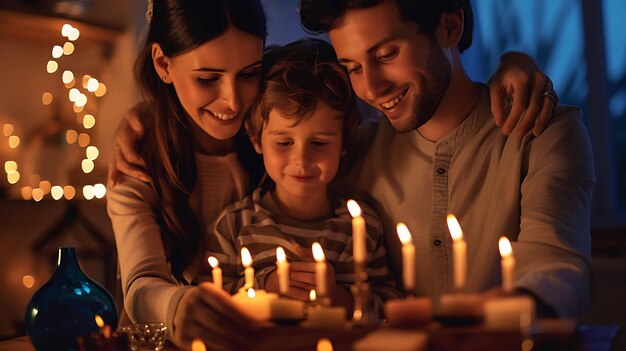 una familia con una vela encendida y un niño