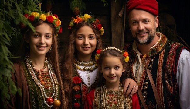 família vestida com trajes folclóricos romenos