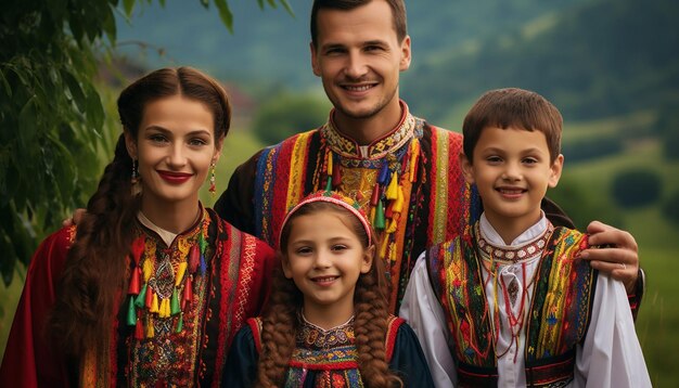 família vestida com trajes folclóricos romenos