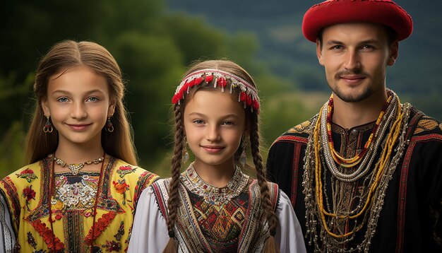 família vestida com trajes folclóricos romenos