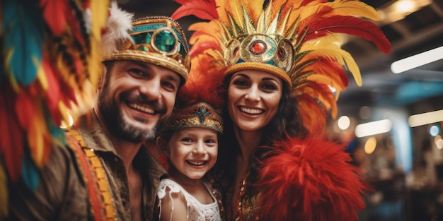 una familia vestida con trajes coordinados para la celebración del carnaval