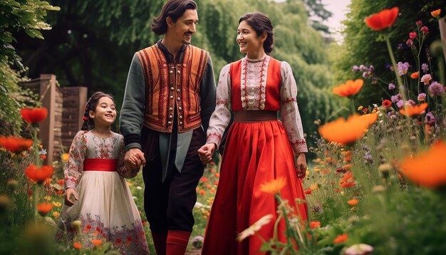 una familia vestida con trajes tradicionales caminando en un jardín de primavera en flor