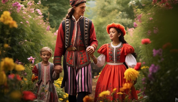 una familia vestida con trajes tradicionales caminando en un jardín de primavera en flor