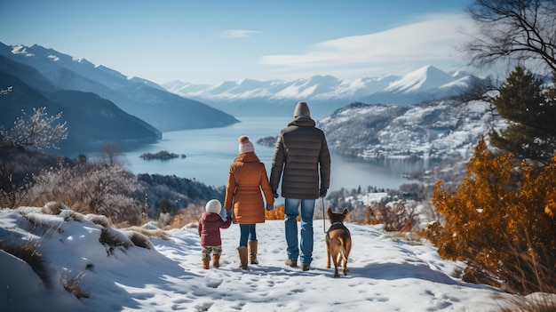 Foto familia viajando en un lago de montaña disfrutando de la vista durante las vacaciones de invierno viajeros turísticos