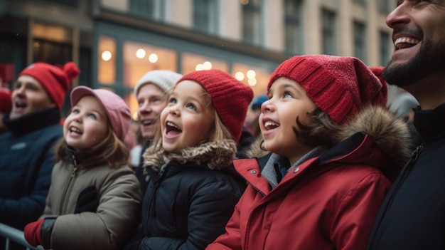 Familia viendo el desfile anual del Día de Año Nuevo en el corazón de la ciudad