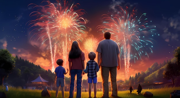 Una familia viendo fuegos artificiales en un campo.