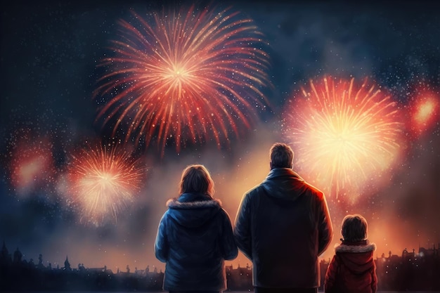 Familia viendo fuegos artificiales y celebrando feliz año nuevo