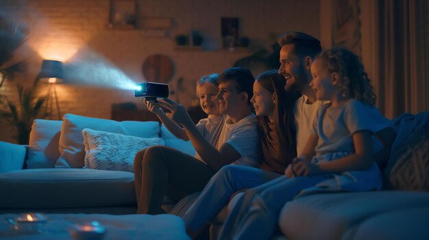 Foto una familia está viendo una película juntos en casa están sentados en el sofá y tienen un proyector instalado