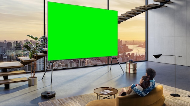 Una familia viendo la televisión en una sala de estar con una pantalla verde detrás.