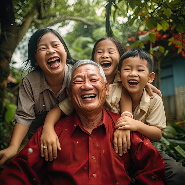 Familia vietnamita pasando tiempo juntos con expresión alegre mirando a la cámara