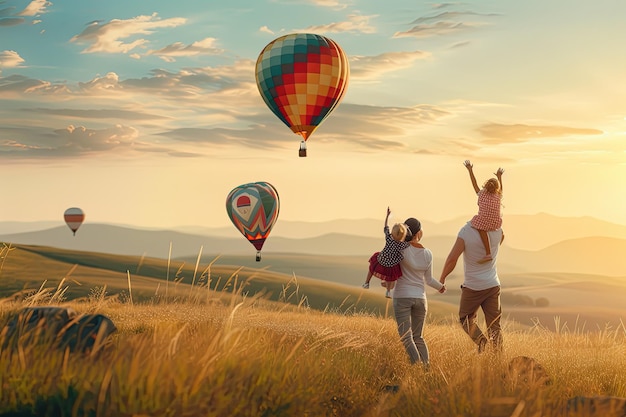 Una familia volando alegremente coloridos globos de aire caliente sobre los campos