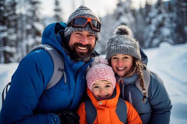 Famílias a divertir-se na neve, laços familiares criados com tecnologia de IA generativa.