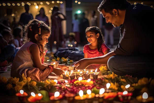 Familias celebrando Diwali Niños encendiendo velas juntos difundiendo calidez y felicidad