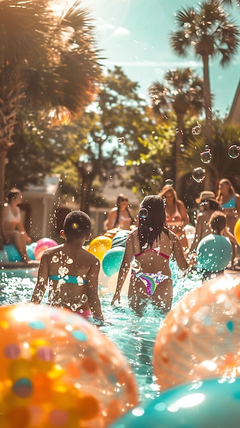 Foto familias disfrutando de una fiesta en la piscina del vecindario en un verano caluroso