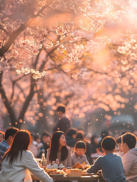 Familias disfrutando de un picnic bajo los cerezos en flor durante las vacaciones del vecino