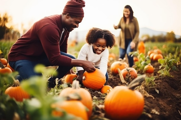 Foto las familias se divierten recogiendo calabazas en el campo de calabazas