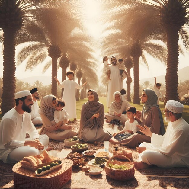 Foto famílias fazendo piquenique à sombra de palmeiras depois das orações do eid seus risos se misturando com o ru