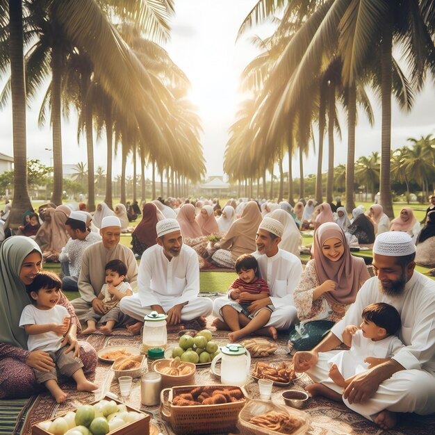 Las familias hacían picnic a la sombra de las palmeras después de las oraciones del Eid sus risas se mezclaron con la ru