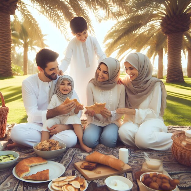 Foto las familias hacían picnic a la sombra de las palmeras después de las oraciones del eid sus risas se mezclaron con la ru