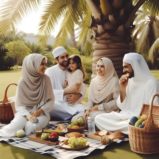 Foto las familias hacían picnic a la sombra de las palmeras después de las oraciones del eid sus risas se mezclaron con la ru