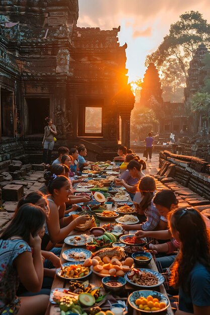 Familias haciendo un picnic en un templo histórico camboyano