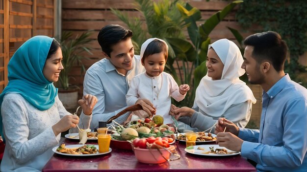 Foto las familias musulmanas asiáticas celebran el eid juntos mientras disfrutan de una comida