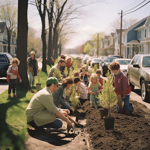 Familias plantando árboles en el parque de su vecindario