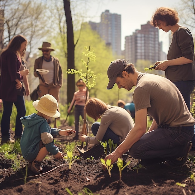 Famílias plantando árvores no parque de sua vizinhança