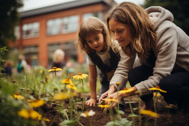 Foto familias unidas en prósperos jardines comunitarios plantando interactuando y ayudándose mutuamente