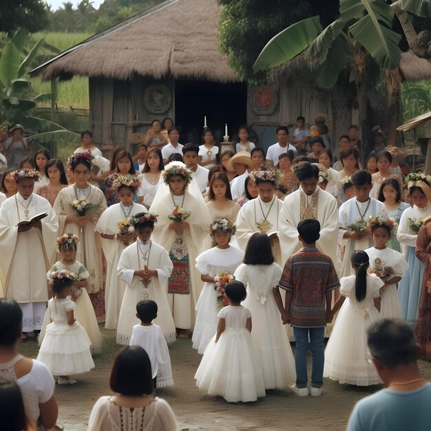 Famílias vestidas com trajes tradicionais reuniram-se para cerimônias de primeira comunhão numa igreja rural em