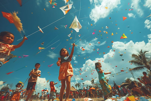 Famílias voando cometas durante o Festival de Cometas de Bali, na Indonésia