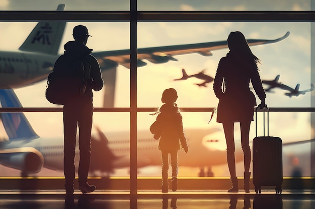 Familie am Flughafen, die mit Kleinkind und Gepäck zu Fuß zum Abfluggate reist Flugreisekonzept KI-Generation