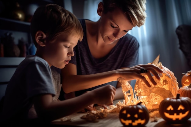 Familie bastelt Halloween-Feiertagsdekoration im Wohnzimmerinterieur in warmen Farben, mit natürlichem Licht und geschnitzten orangefarbenen Kürbissen. Mutter und Sohn verbringen Zeit miteinander. Generative KI-Inhalte