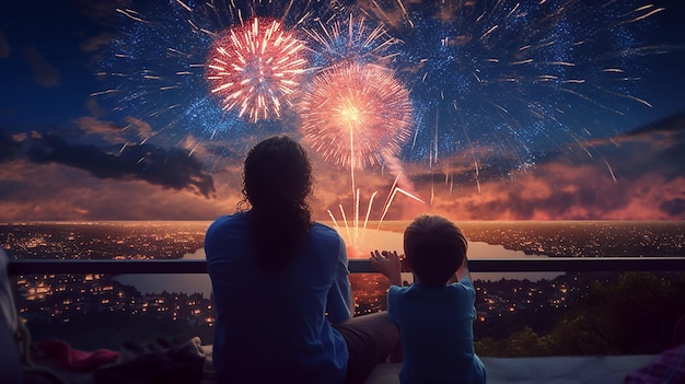 Foto familie beim feuerwerk beobachten