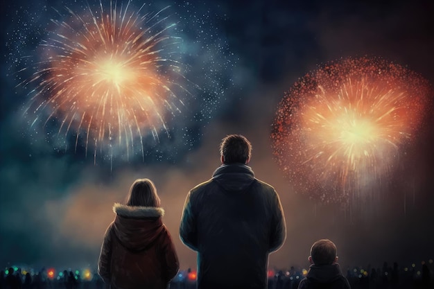 Familie beobachtet Feuerwerk und feiert frohes neues Jahr